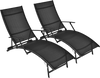 Two black folding stackable lounge chairs with armrests, featuring a 5-position adjustable backrest for outdoor.