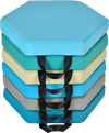 Stack of six hexagon floor cushions in blue and neutral colors, made of waterproof PU, ideal for toddler seating.