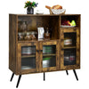 Buffet kitchen storage cupboard in rustic brown with glass doors, adjustable shelves, and black tapered legs for.