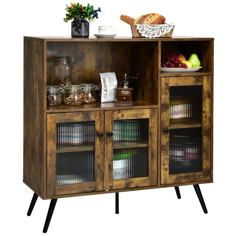 Buffet kitchen storage cupboard in rustic brown with glass doors, adjustable shelves, and black tapered legs for.