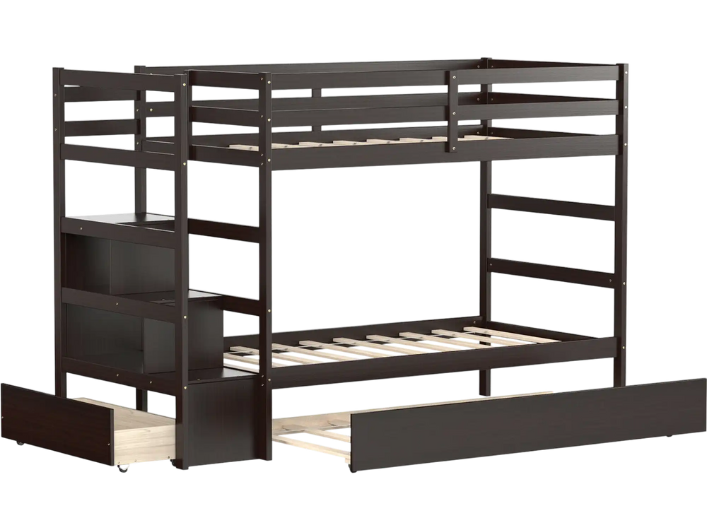 Twin over twin bunk bed in dark brown with storage shelf, rolling drawer, and sturdy wooden construction for kids'.