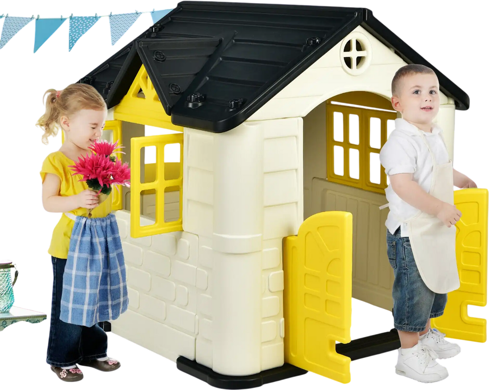 Children playing with the yellow Kid’s Playhouse, featuring open doors and windows for ventilation, perfect for outdoor.
