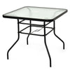 Black steel frame square table with tempered glass top, 32 inches, ideal for outdoor dining and umbrella support.