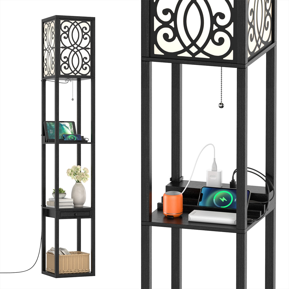 Modern standing shelf lamp with 1 power outlet, 2 USB ports, and 3 open shelves for convenient charging and storage.