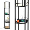 Modern floor lamp with shelves and drawer, featuring USB ports and a white lampshade for a warm atmosphere.