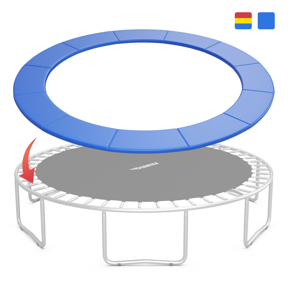 Blue trampoline safety pad with elastic straps, waterproof and tear-resistant for secure jumping experience.