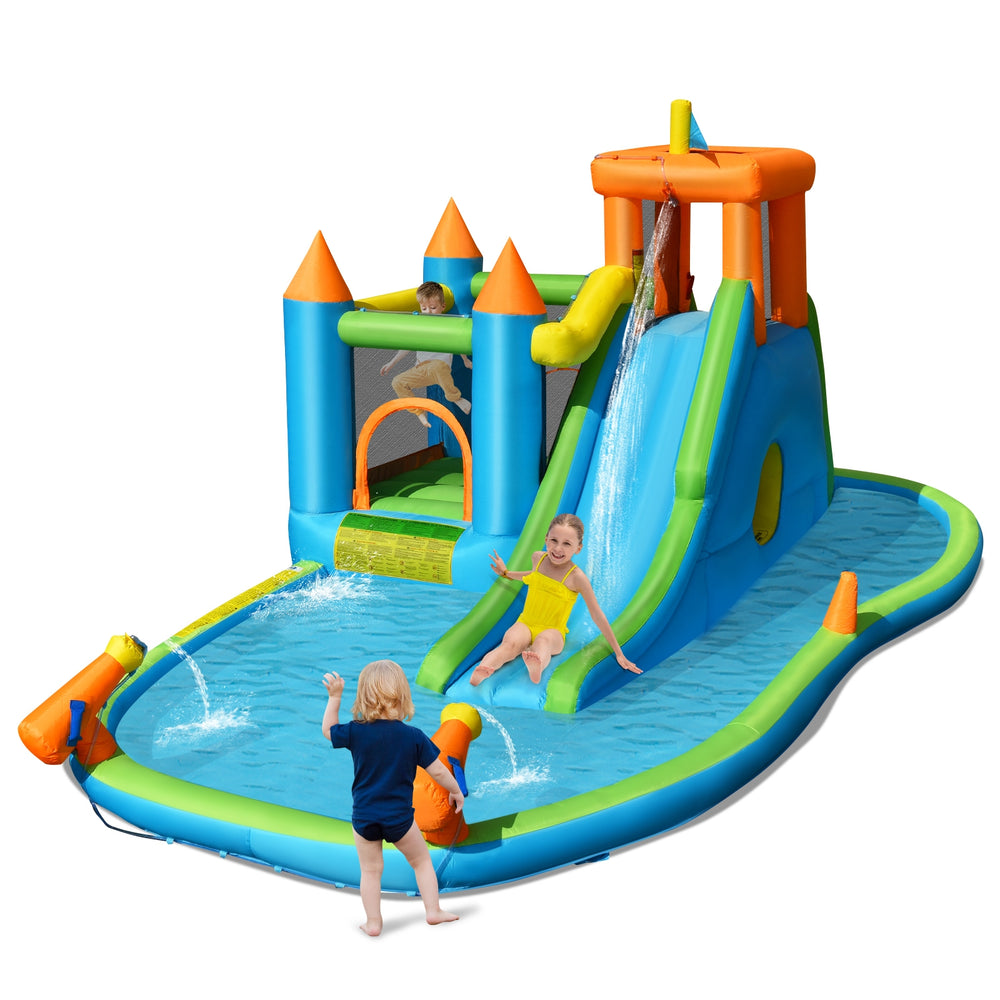 Inflatable water slide with bounce house, splash pool, and water cannons for kids' outdoor fun and playtime.