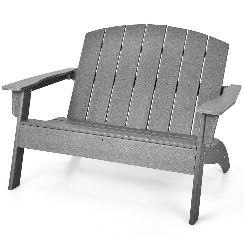Gray HDPE patio Adirondack chair for two, featuring wide armrests and durable weather-resistant design for outdoor use.