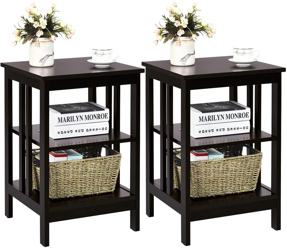 Dark brown 3-tier nightstand set with open compartments, ideal for storage in living room or bedroom.