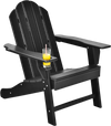 Black outdoor Adirondack chair with built-in cup holder, made from all-weather PE material, perfect for backyard.