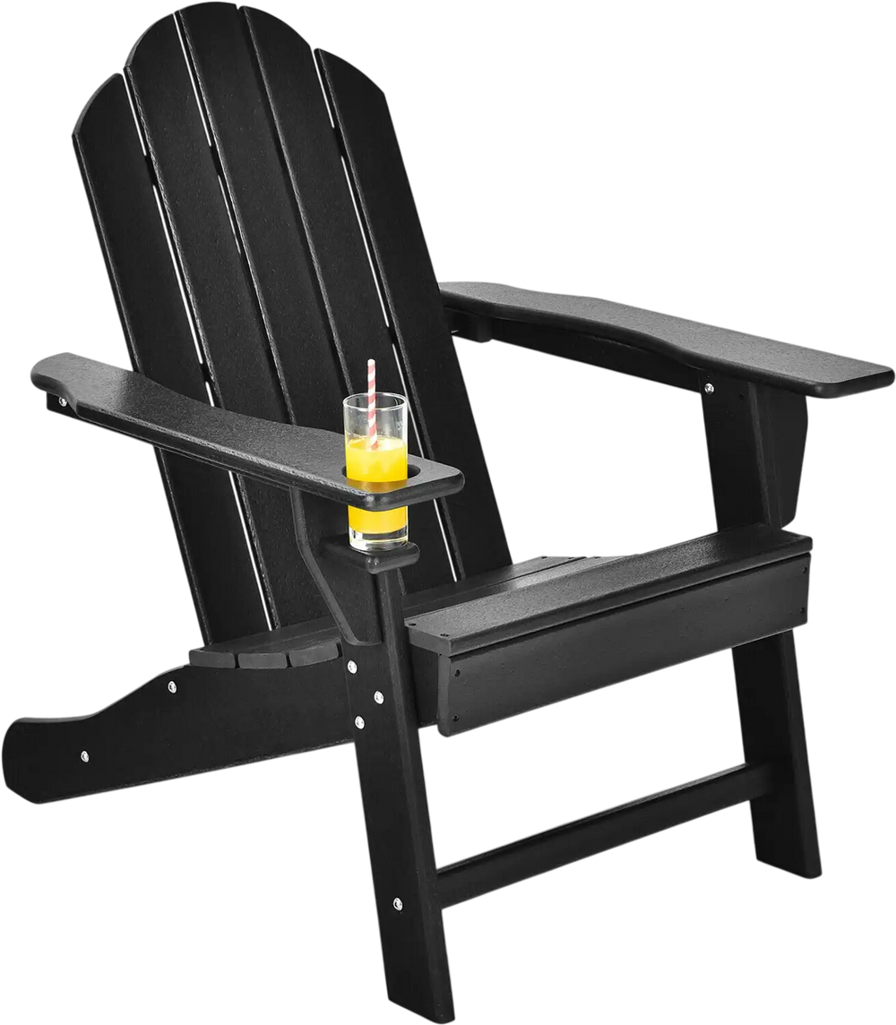 Black outdoor Adirondack chair with built-in cup holder, made from all-weather PE material, perfect for backyard.