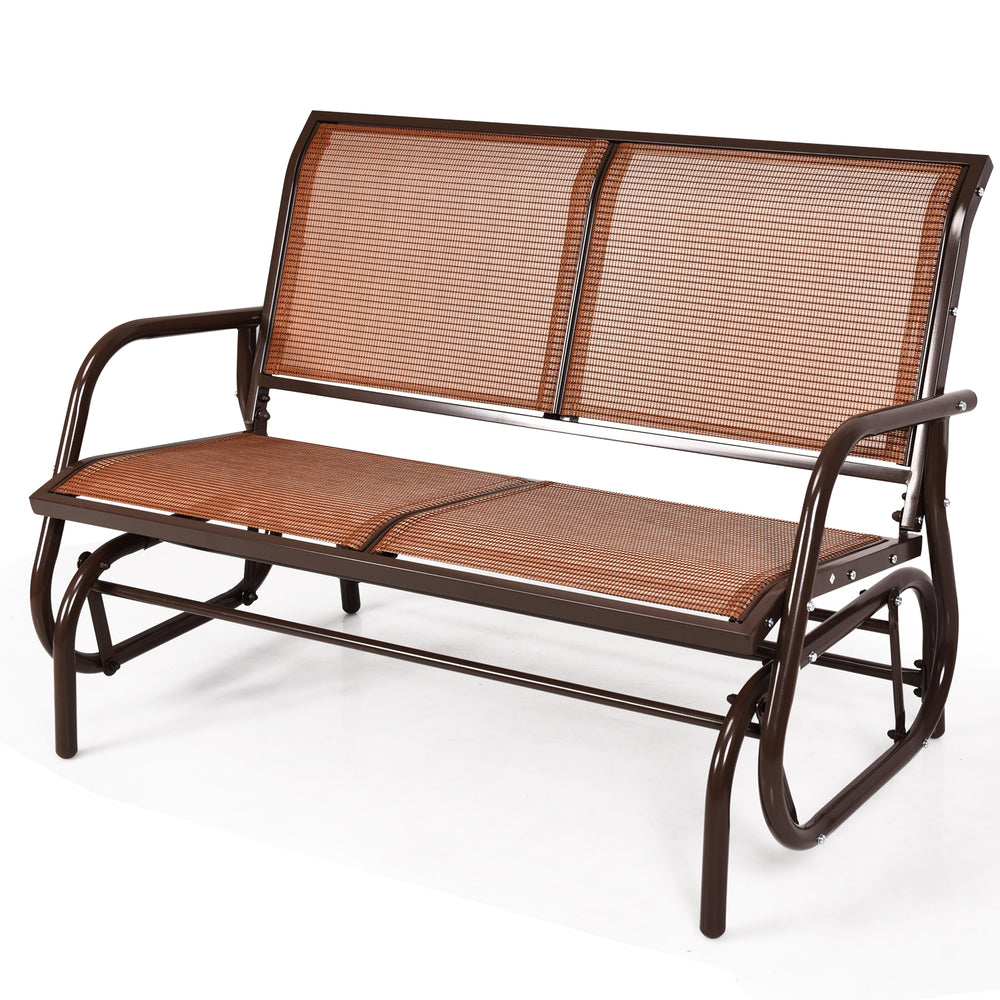 Swing glider chair in brown with curved backrest and armrests, perfect for outdoor patios and backyards.