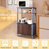 Microwave rack stand in walnut finish with 3 shelves and 2-door cabinet, ideal for organized kitchen storage.