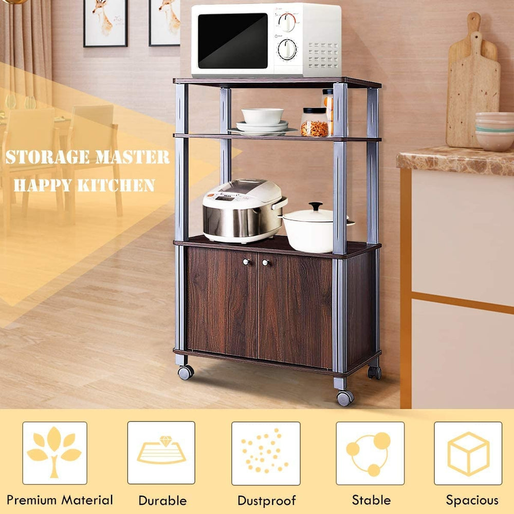 Microwave rack stand in walnut finish with 3 shelves and 2-door cabinet, ideal for organized kitchen storage.