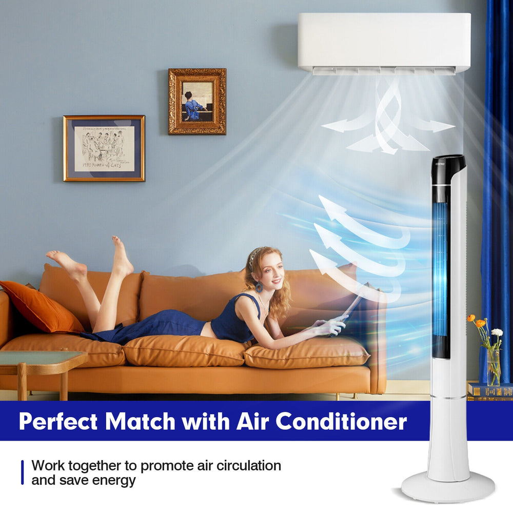 Portable 48-inch white tower fan with remote control, showcasing a sleek design and ideal for enhancing air circulation.
