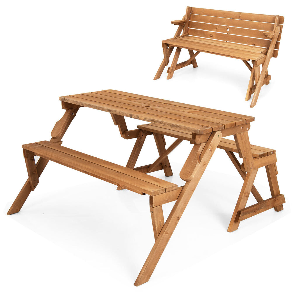 Transforming wooden picnic table and bench in dark brown, accommodates 4 people, perfect for outdoor gatherings.