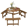 Round wooden picnic table with umbrella hole and three built-in benches, perfect for outdoor patio gatherings.