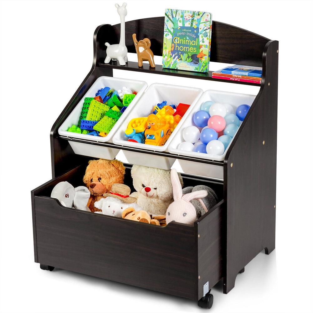 Kids wooden toy storage unit organizer in espresso with rolling toy box and removable plastic bins for easy.