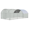 Large metal chicken coop with galvanized steel frame and waterproof cover, ideal for outdoor use and animal safety.