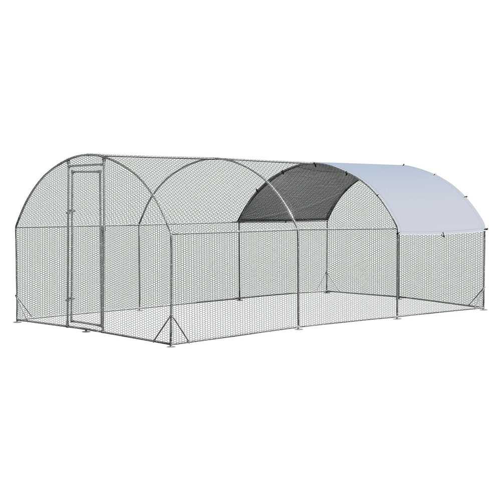 Large metal chicken coop with galvanized steel frame and waterproof cover, ideal for outdoor use and animal safety.