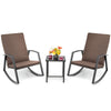 Brown 3-piece patio rattan rocking furniture set with cushions and side table, perfect for outdoor relaxation.
