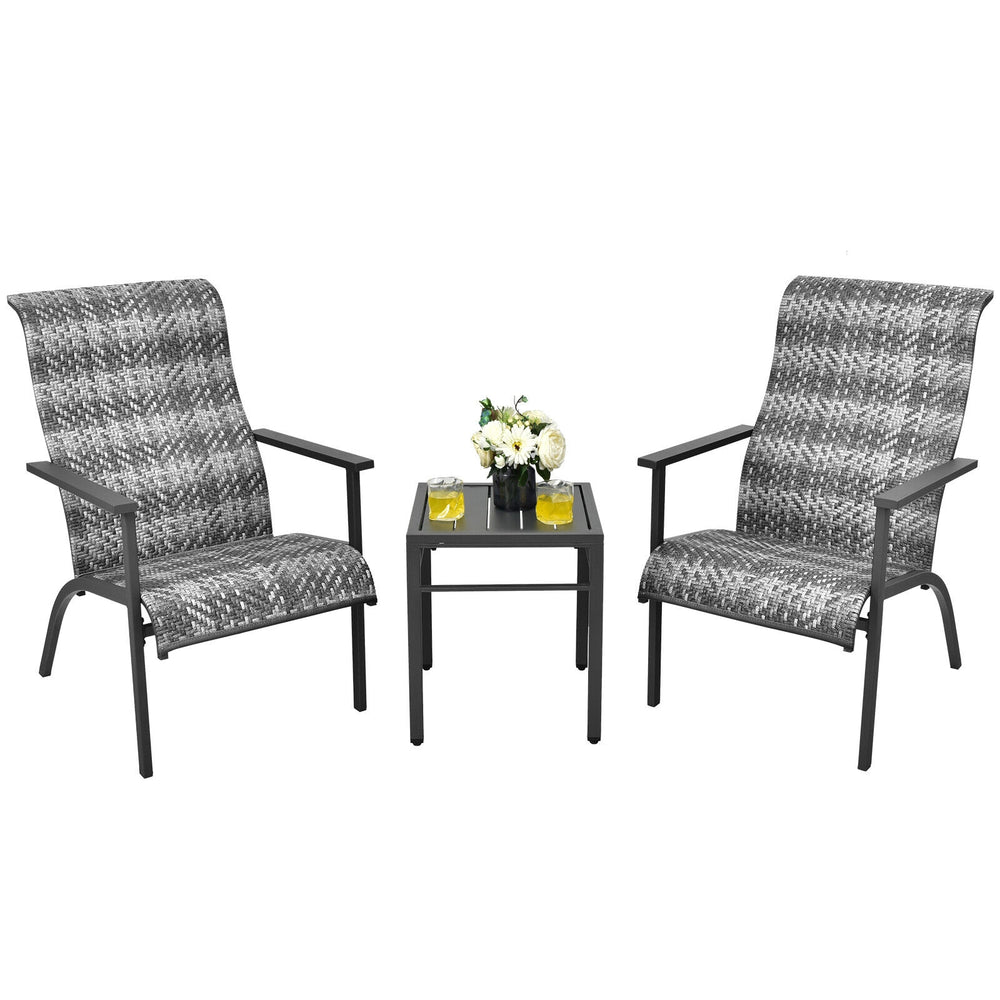 3-piece gray patio bistro set featuring high backrest chairs and a compact table, perfect for outdoor relaxation.