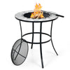 Round fire pit table with mesh cover, heavy-duty steel frame, and fire poker, perfect for outdoor gatherings and.