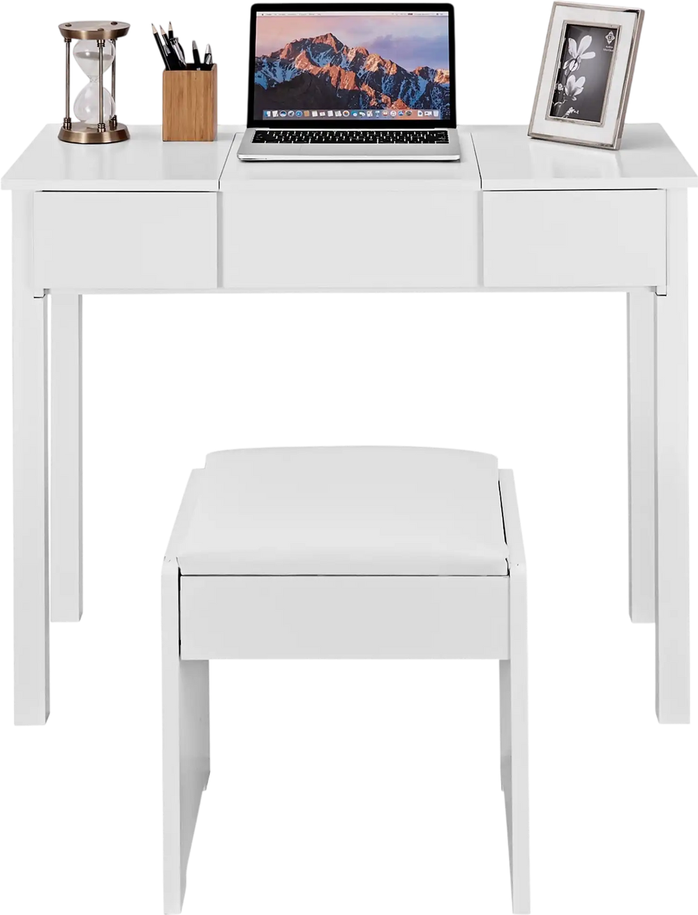 Vanity makeup dressing table set in white with flip-top mirror, cushioned stool, and two side drawers for storage.