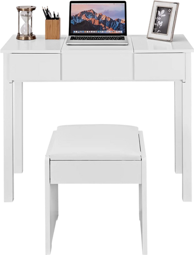Costway Vanity Makeup Dressing Table Set Flip Top Mirror Cushioned Stool 90513478 New