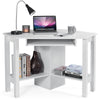 White wooden corner desk with drawer and shelves, ideal for study or home office, maximizing space and functionality.