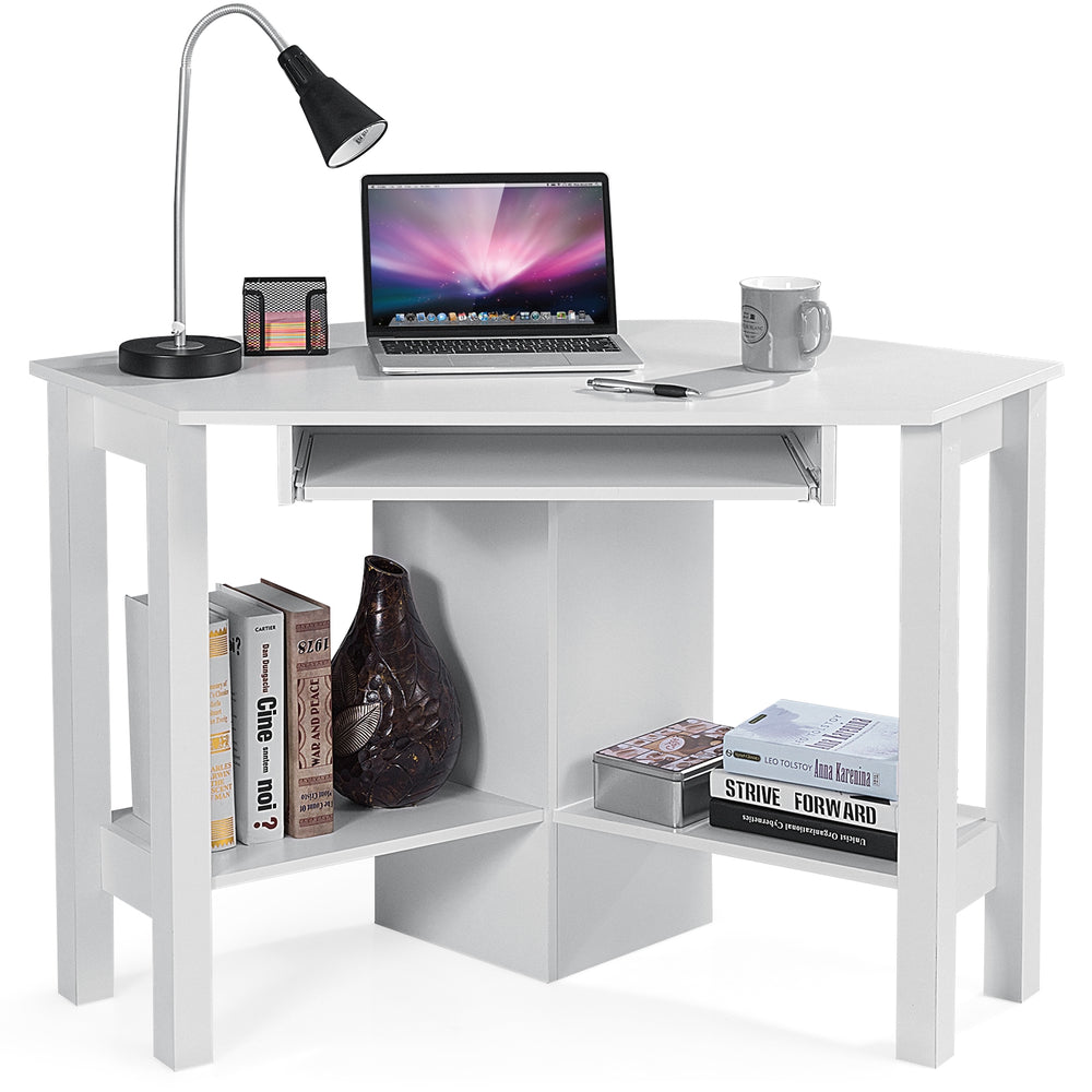 White wooden corner desk with drawer and shelves, ideal for study or home office, maximizing space and functionality.