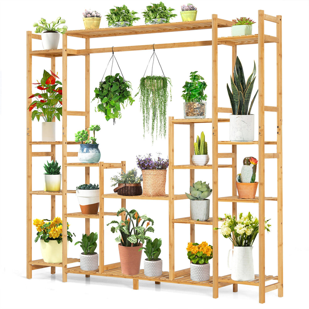 9-tier bamboo plant stand featuring shelves and a hanging rack, ideal for displaying various potted plants indoors or.