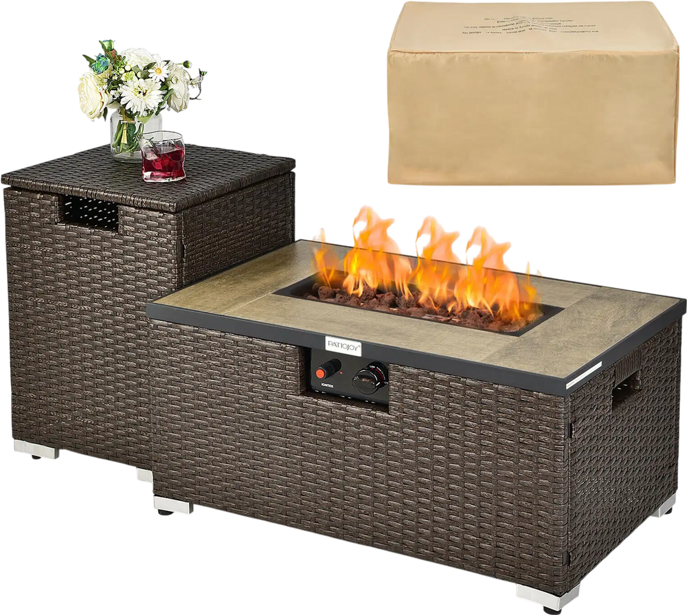Brown 32 x 20 inch propane rattan fire pit table set with side table, 40000 BTU heat, and waterproof cover for outdoor.