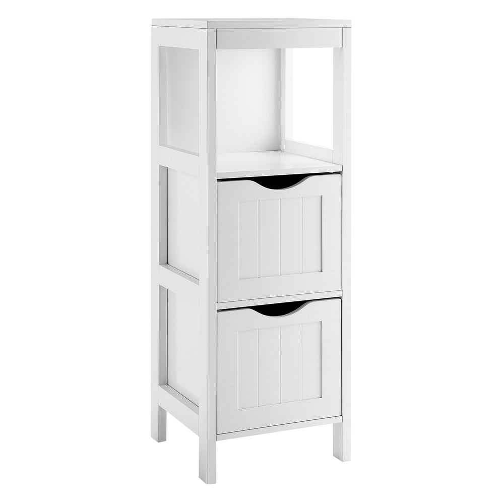 Freestanding white storage cabinet with 2 removable drawers and open shelf, perfect for bathroom organization.