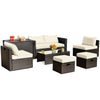 8-piece patio rattan furniture set with storage box, soft cushions, and waterproof cover for outdoor gatherings.