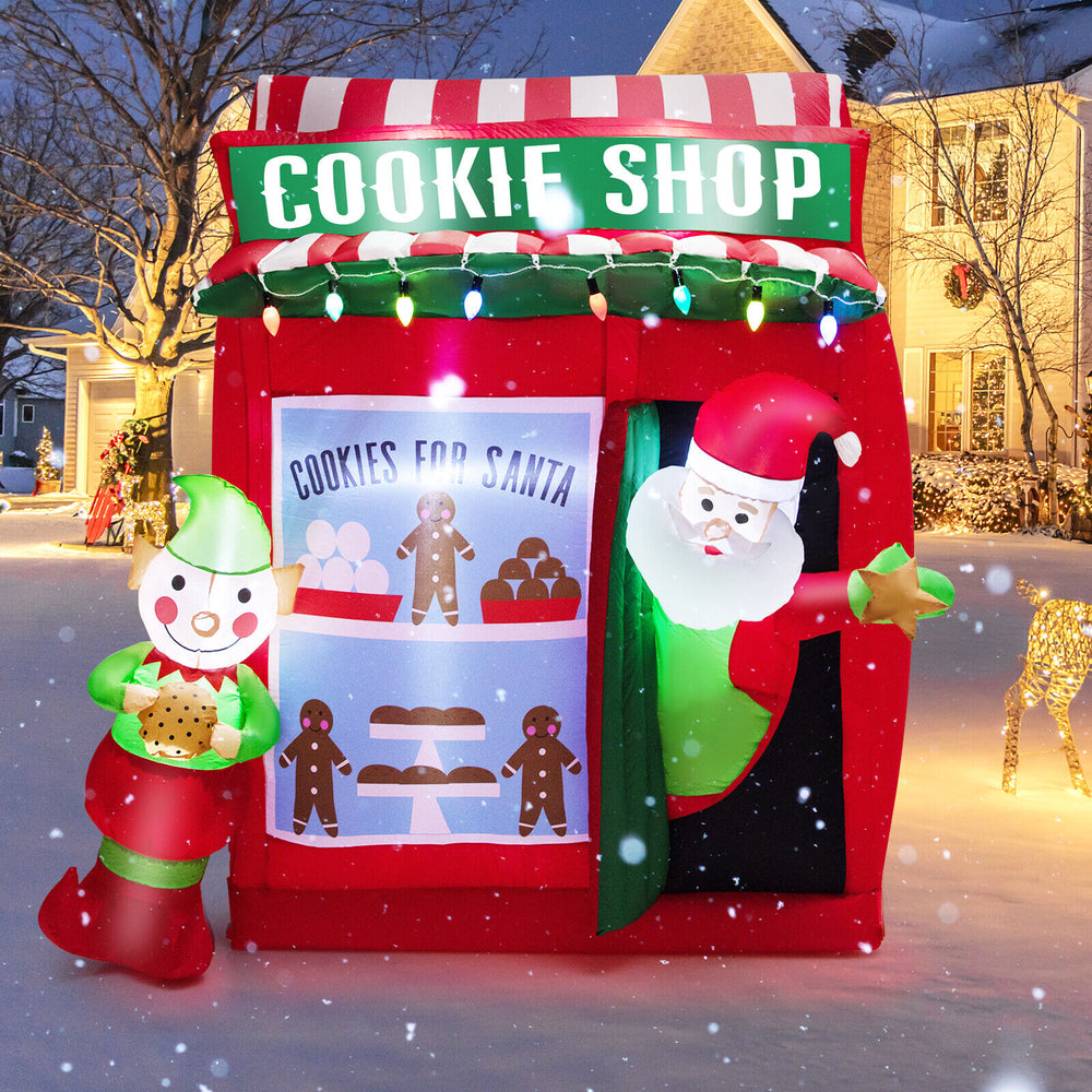 Inflatable 6.3 feet gingerbread cookie shop with Santa, colorful lights, and festive design for Christmas outdoor.
