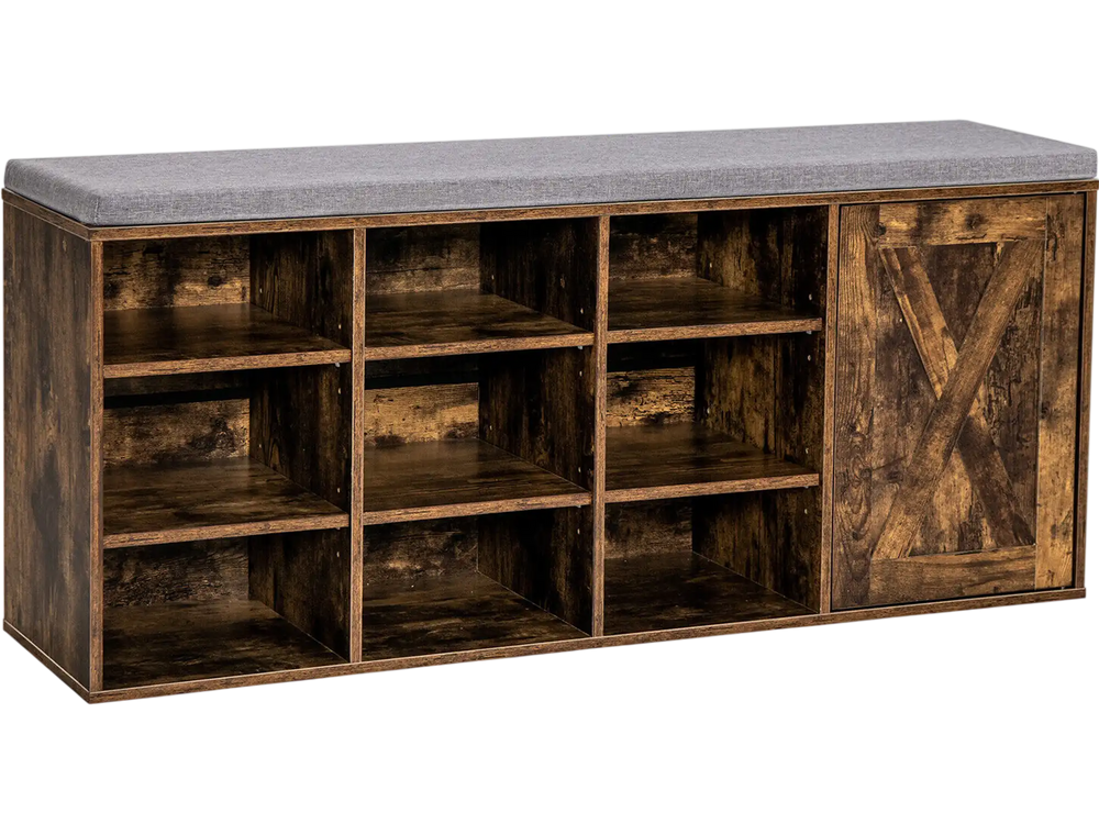 9-cube adjustable storage shoe bench in rustic brown with padded cushion, ideal for entryway or hallway organization.