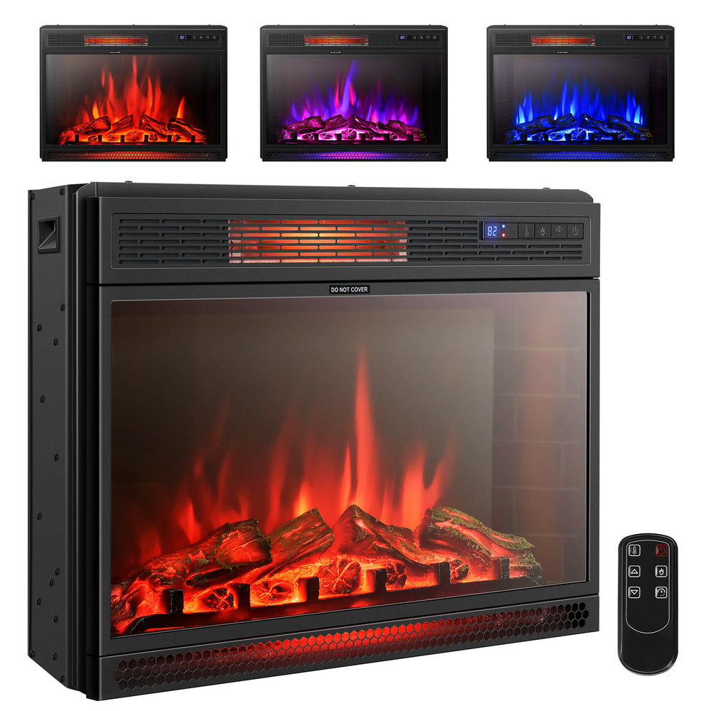 28-inch electric fireplace with remote, featuring realistic flame effects and adjustable heat settings for cozy indoor.