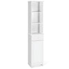 Tall white freestanding storage cabinet with open shelves and drawer, ideal for bathroom or living room organization.