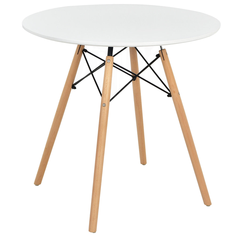 Round modern dining table with solid beech wood legs, 31.5-inch white tabletop, perfect for dining or working.
