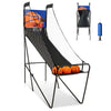 Foldable single shot basketball arcade game with electronic scorer, includes 3 basketballs and pump for solo or party.