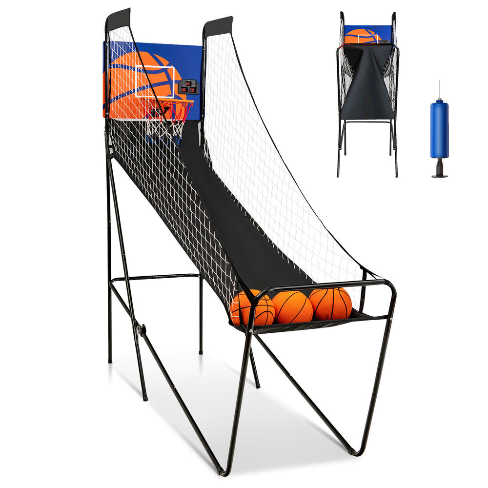 Foldable single shot basketball arcade game with electronic scorer, includes 3 basketballs and pump for solo or party.