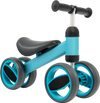 Baby balance bike in blue with 4 wheels, sturdy steel frame, and comfortable seat for toddlers aged 1-2 years.