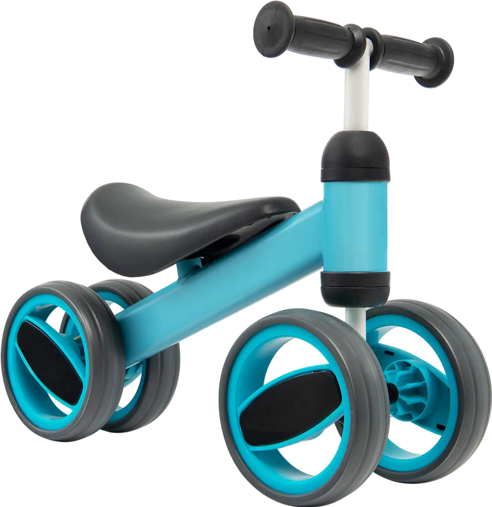 Baby balance bike in blue with 4 wheels, sturdy steel frame, and comfortable seat for toddlers aged 1-2 years.