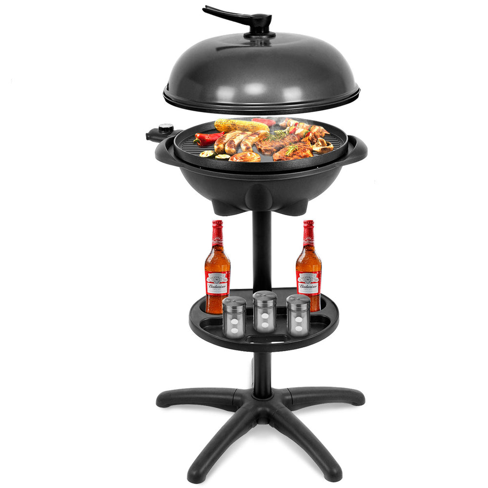 Outdoor electric BBQ grill with removable stand, 240 sq in cooking surface, and 360° condiment tray for easy grilling.