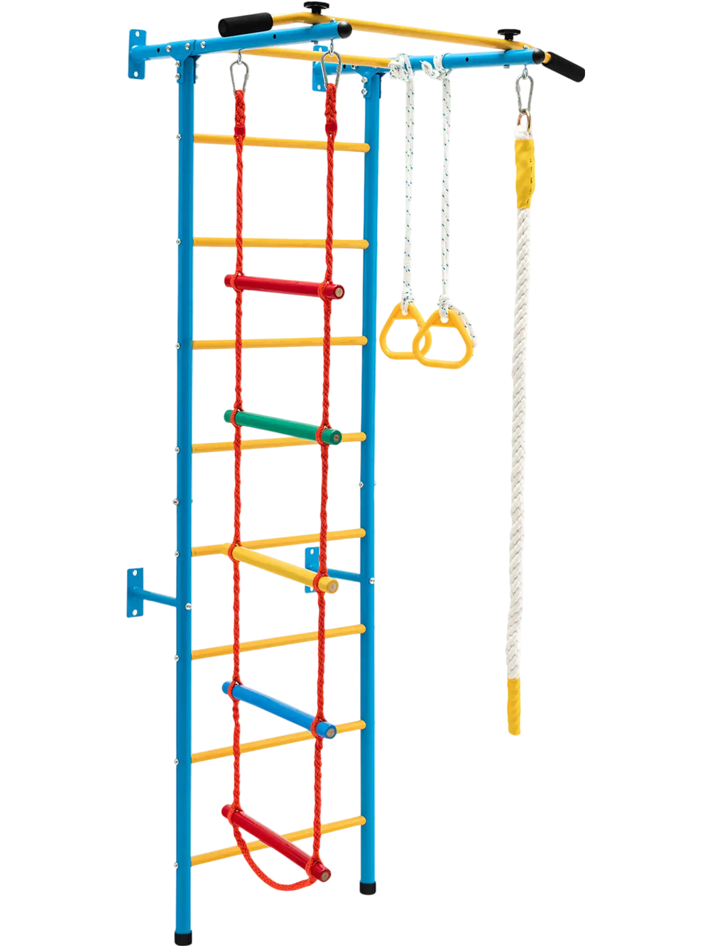 Indoor kids gym with wall ladder, pull-up bar, and gymnastic rings for fun and fitness, made of rust-resistant carbon.