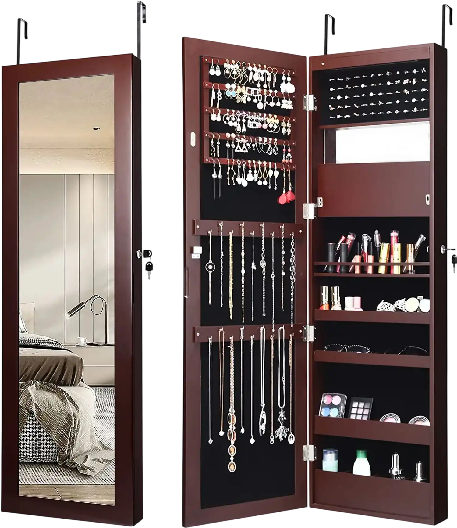 Costway Lockable Wall/Door Mounted Mirror Jewelry Cabinet w/ LED Lights 65809134 New