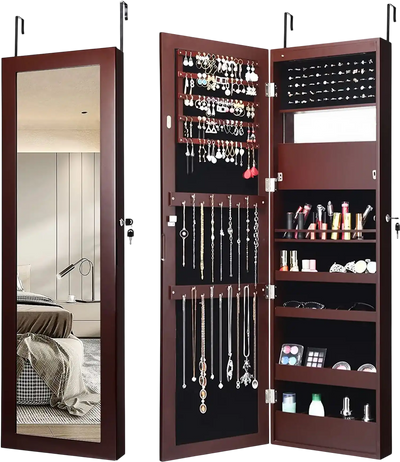 Costway Lockable Wall/Door Mounted Mirror Jewelry Cabinet w/ LED Lights 65809134 New