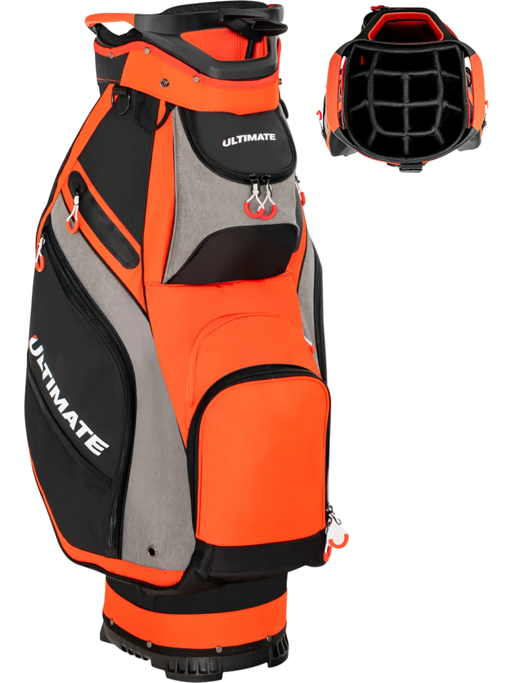 10.5-inch orange golf stand bag with 14-way dividers and 7 zippered pockets for organized storage and easy transport.