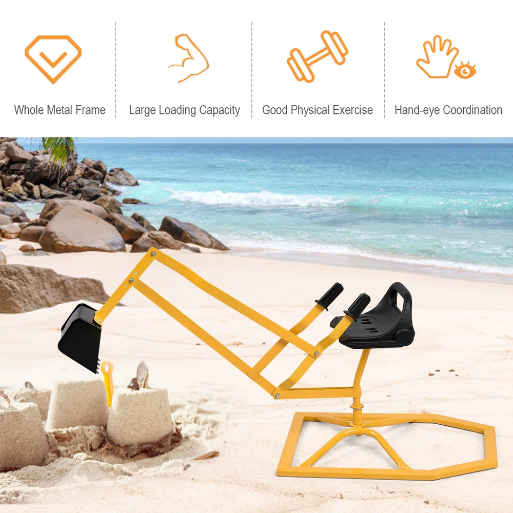 Heavy-duty kid ride-on sand digging digger with rubber handles and secure trapezoid base, ideal for beach adventures.